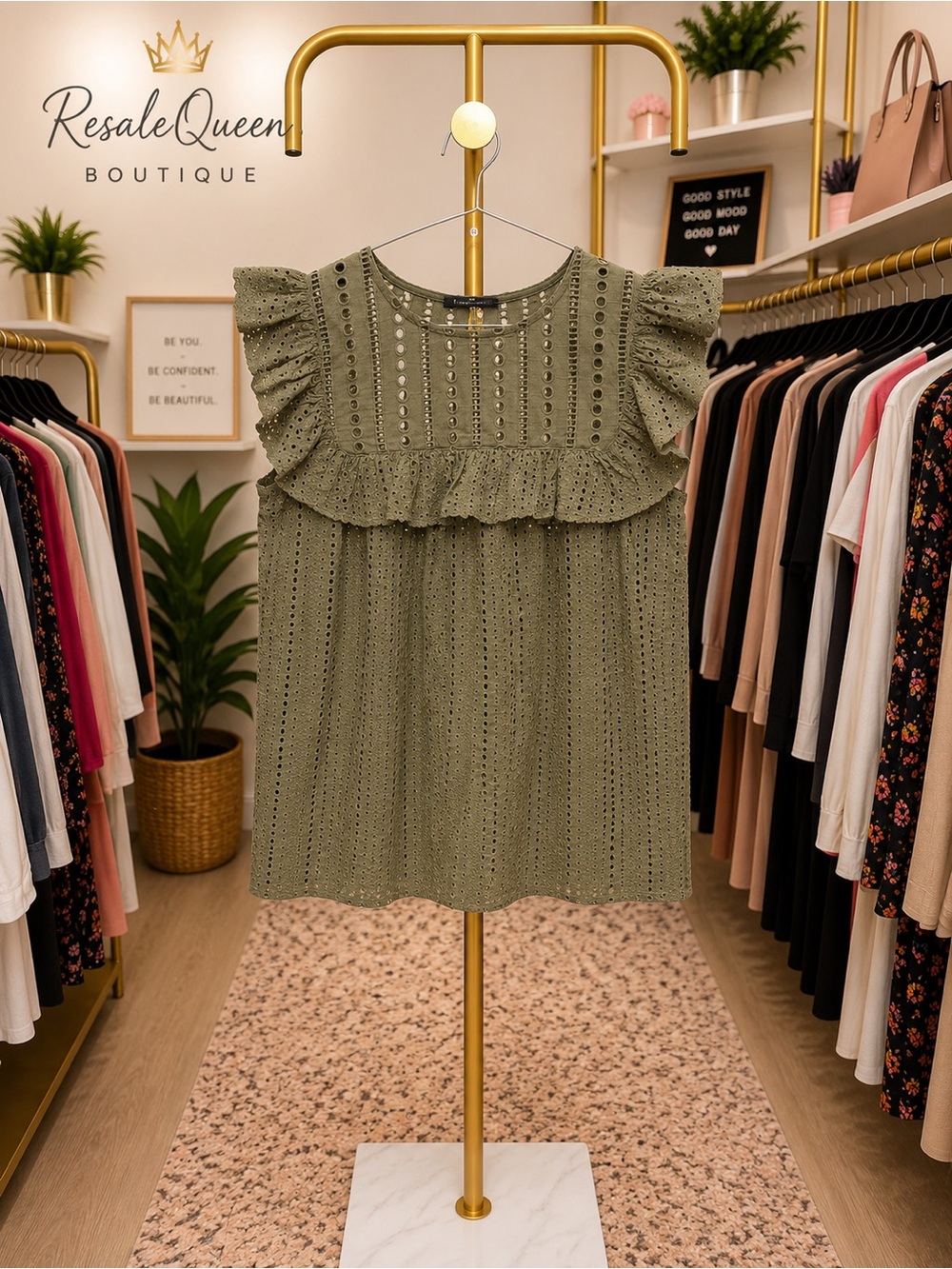 Banana Republic Olive Eyelet Ruffle Sleeve Top